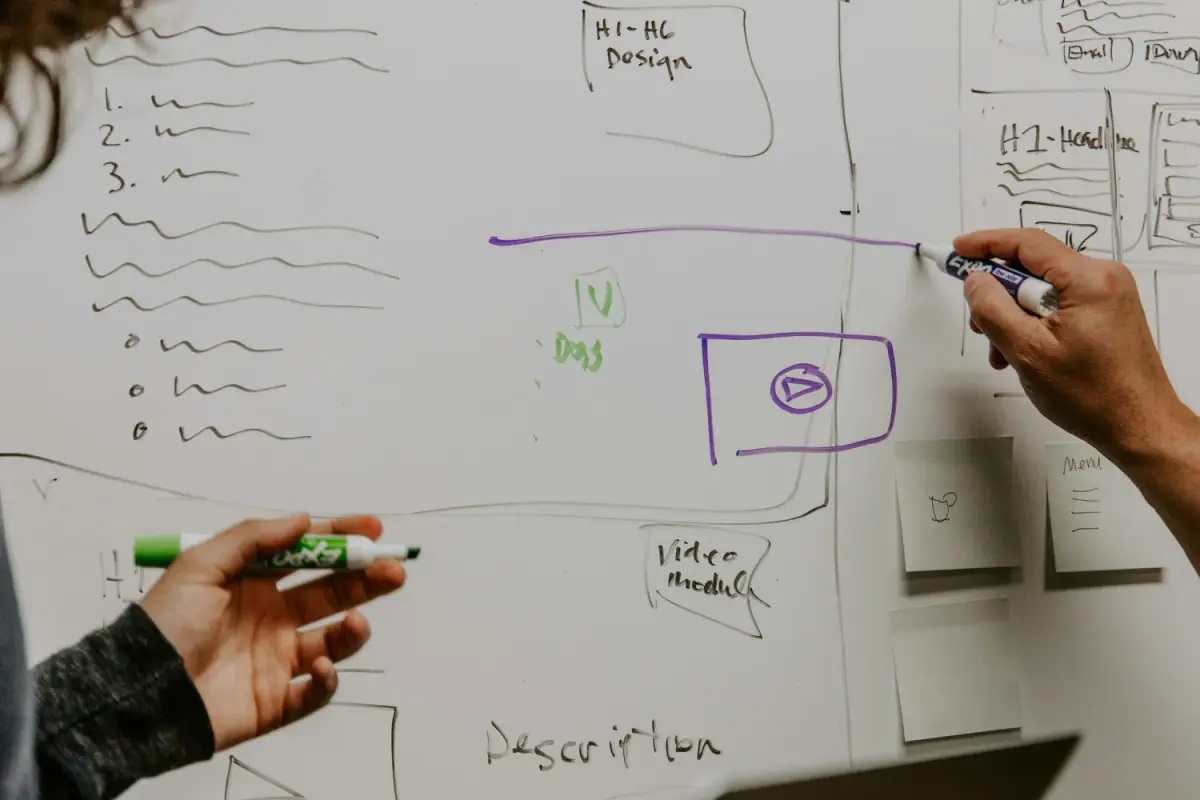 Hands writing and drawing on a whiteboard with markers, illustrating a diagram related to Hi-Fi design, video modules, and descriptions.