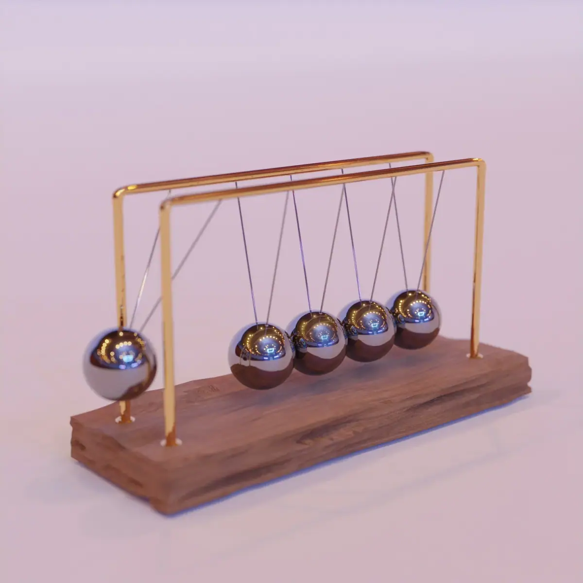 A Newton's cradle with five shiny metal balls suspended from a wooden base and golden frame.